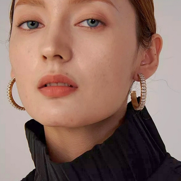 NEW Gold Tone Emerald Cut CZ Diamond Hoop Earrings - Picture 3 of 7